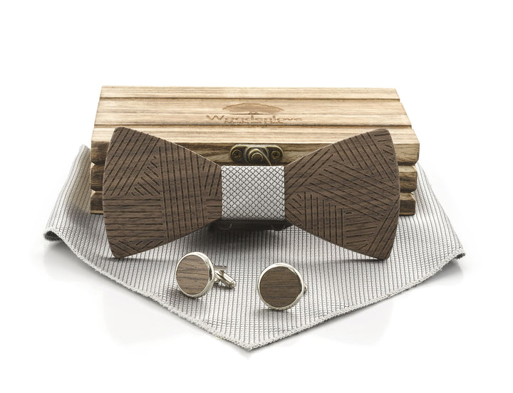 Holzfliegenset mit Manschettenknöpfen und Einstecktuch in Geschenkbox