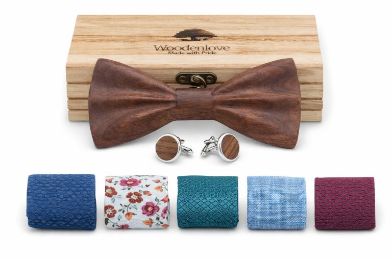 Holzfliege Kernholz Walnussholz mit Manschettenknöpfen und austauschbaren Farbbändern