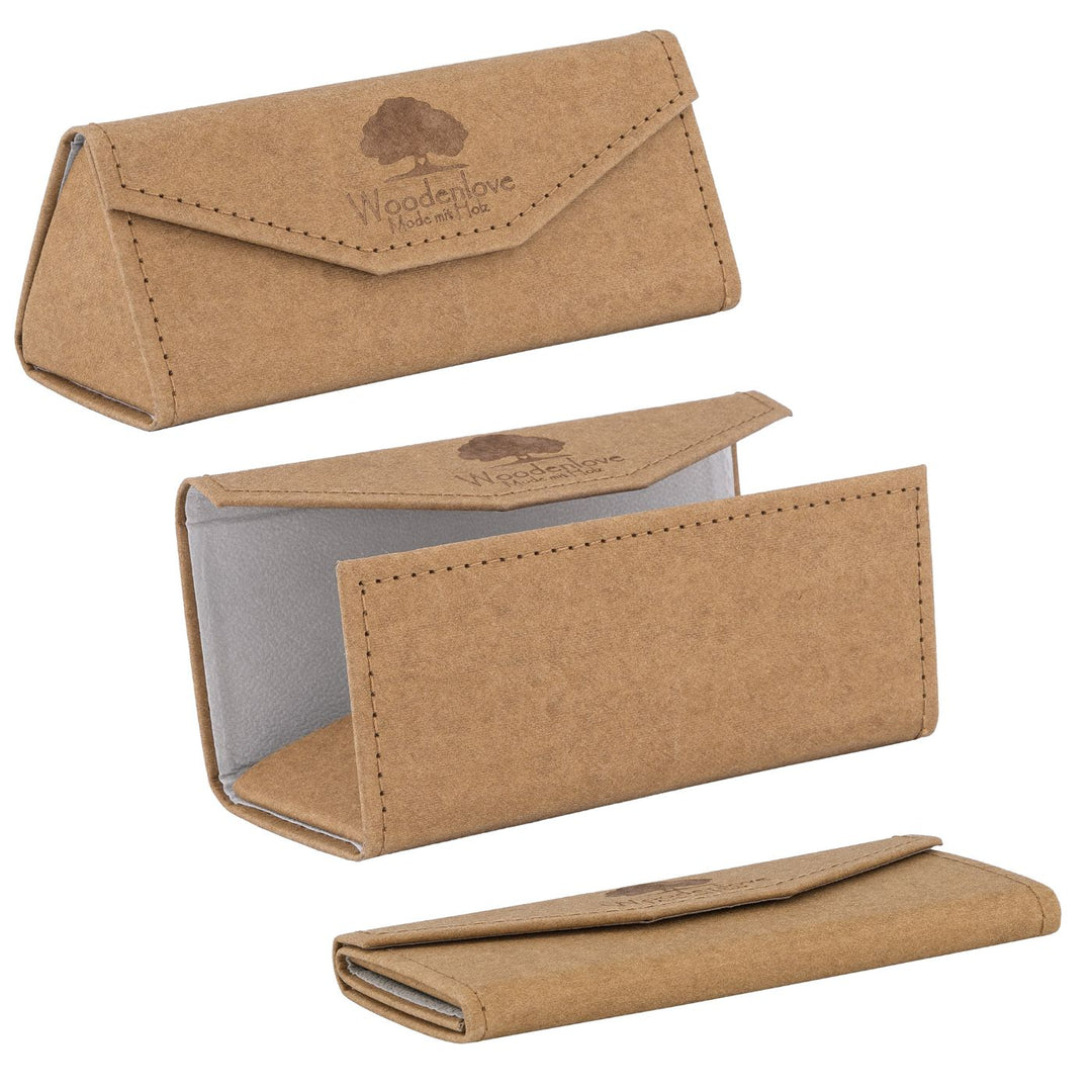 Nachhaltiges Etui für deine Holzsonnenbrille mit Woodenlove Logo zum zusammenfalten