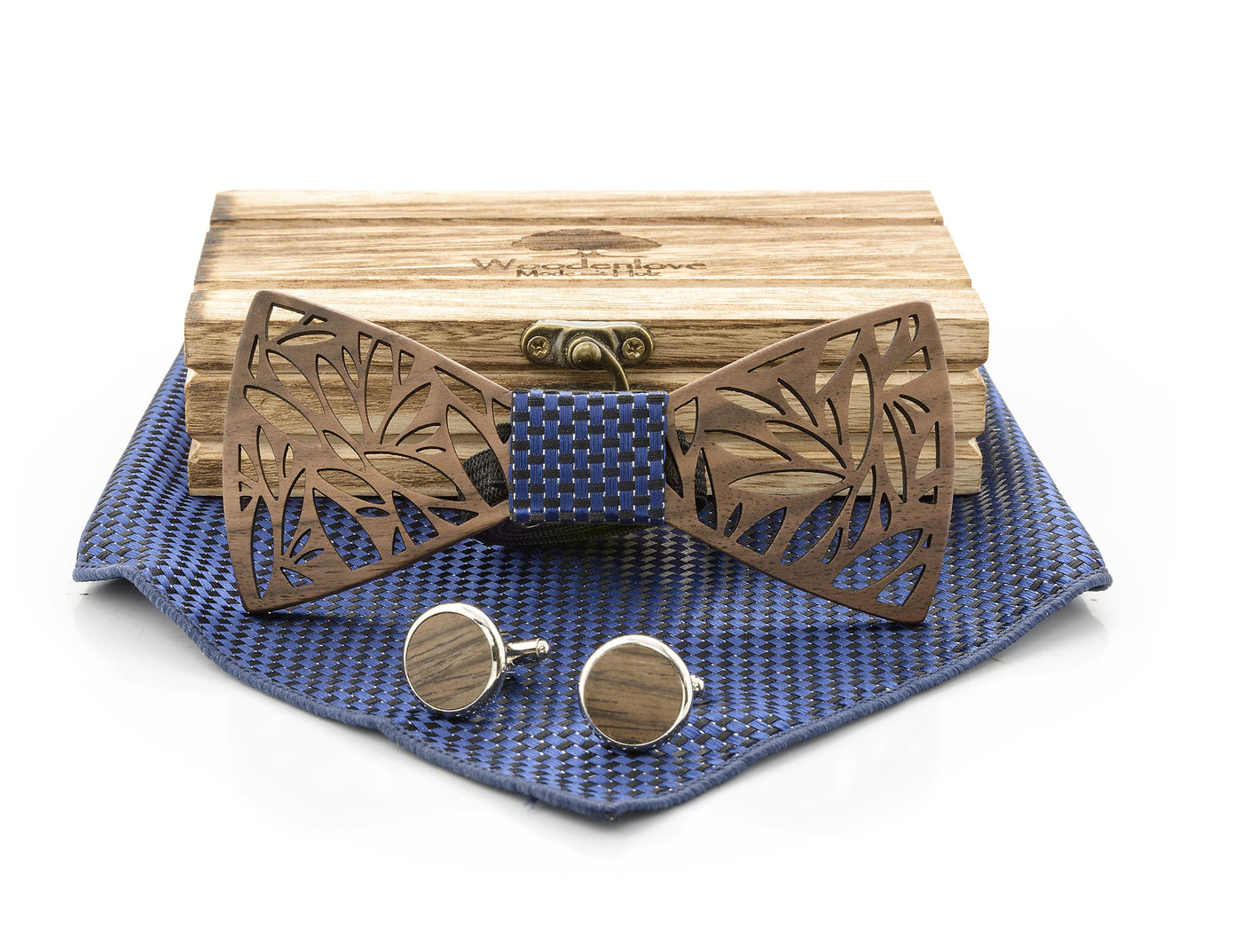 Blaue Fliege aus Holz mit Muster mit Einstecktuch und Manschettenknöpfen Woodenlove