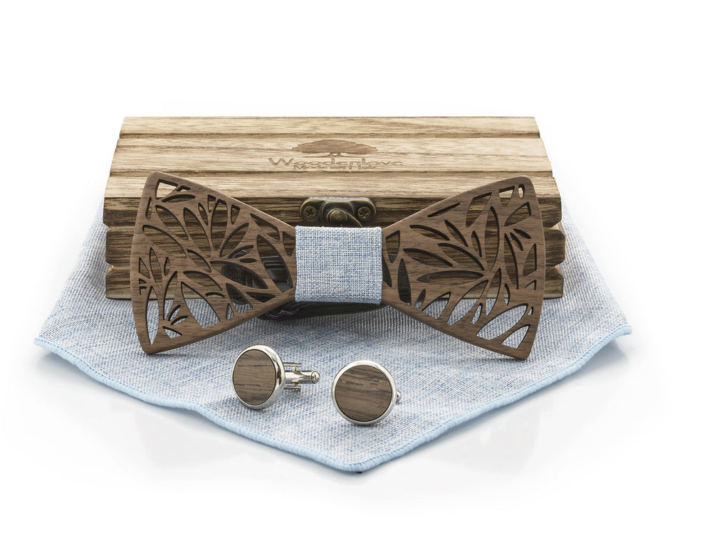 Holzfliege mit Muster als Geschenkset mit Manschettenknöpfen und Einstecktuch