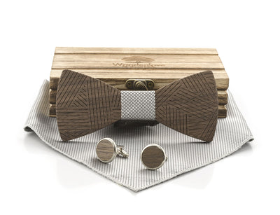 Holzfliegenset mit Manschettenknöpfen und Einstecktuch in Geschenkbox