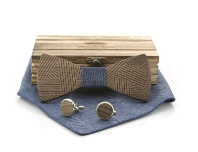Holzfliege mit Rillen, Manschettenknöpfen und Einstecktuch Woodenlove