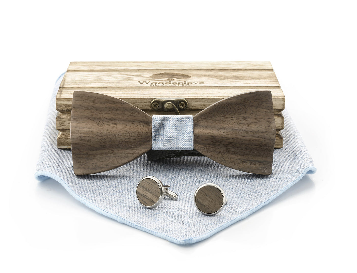 Blaue Fliege aus Holz 3D mit Einstecktuch und Manschettenknöpfen