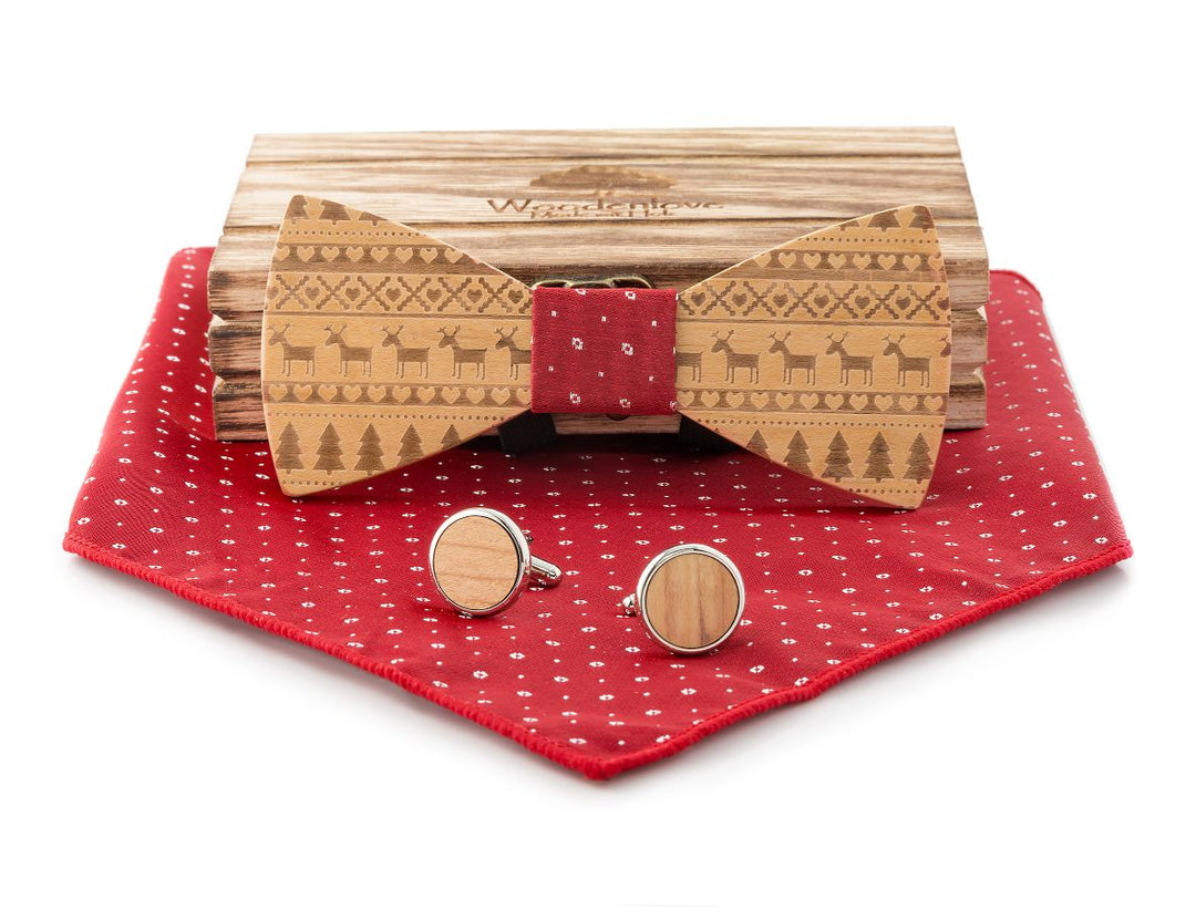 Holzfliege für Weihnachten mit Ugly Sweater Gravur und rotem Stoff