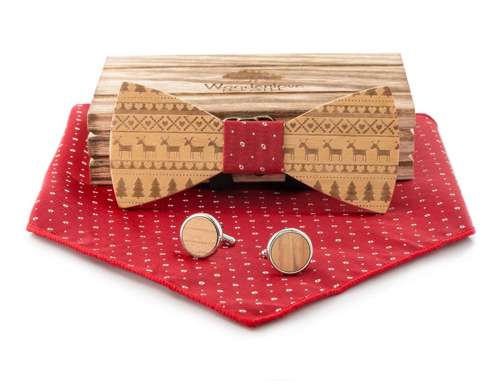 Holzfliege für Weihnachten mit Ugly Sweater Gravur und rotem Stoff