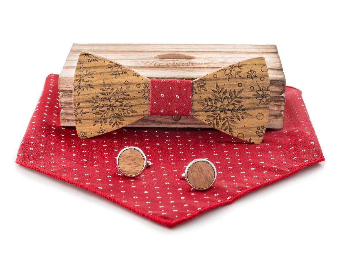 Holzfliege für Weihnachten in rot mit Schneeflocke als Motiv