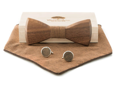 Braunes Holzfliegenset für Bräutigam mit Manschettenknöpfen und Einstecktuch von Woodenlove